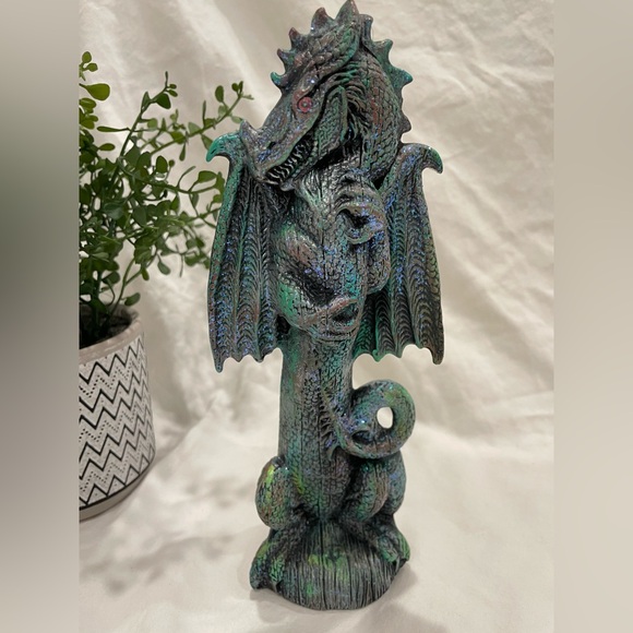 Tall Ceramic Hand Painted Dragon Gargoyle in Shades of Green. - Picture 1 of 11